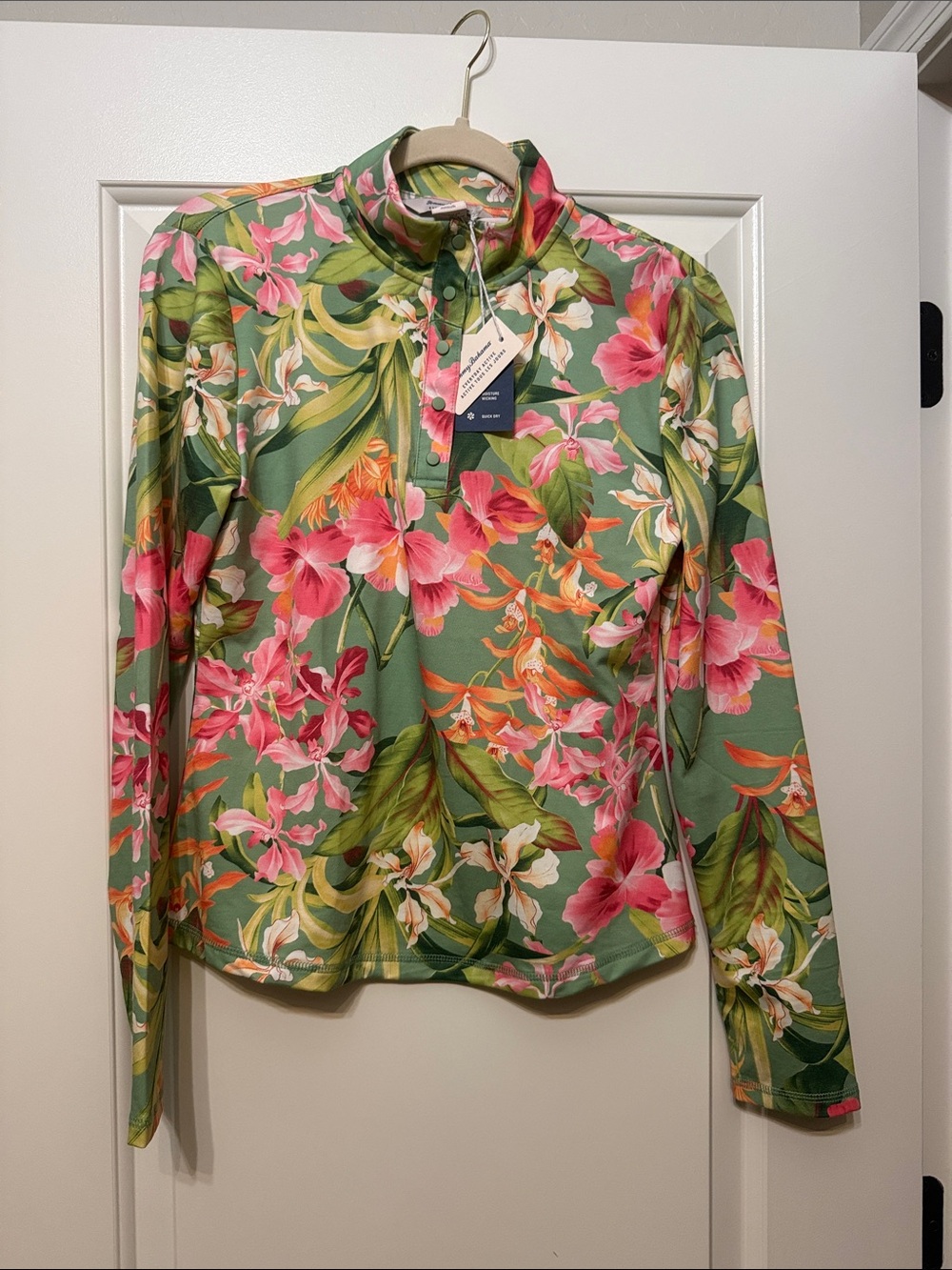 Tommy Bahama Green Floral Quarter-Zip Pullover with Pink Accents